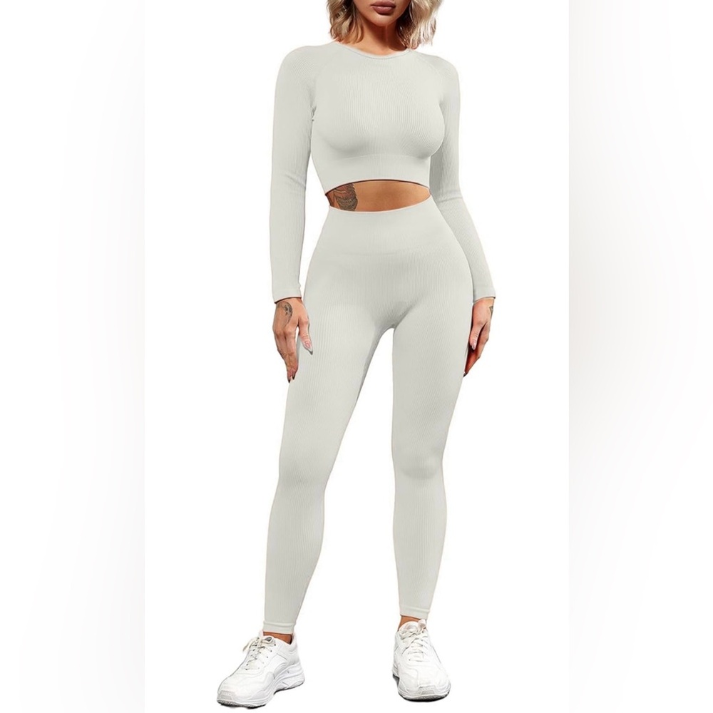 2 Piece Beige Ribbed Long Sleeve Crop Top & Tummy Control Leggings Set